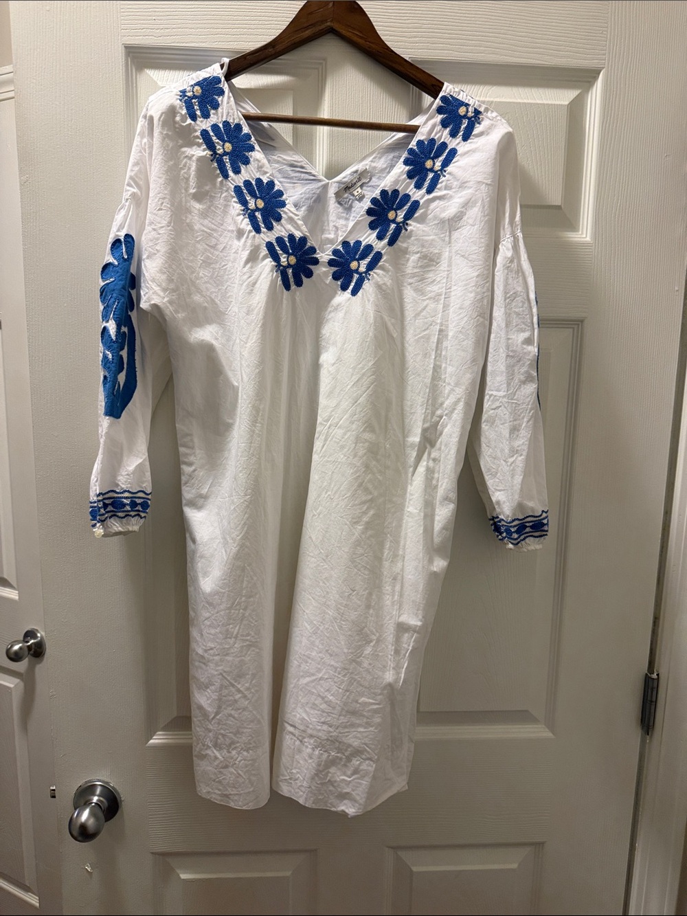 Madewell White Long Sleeve Dress with Blue Floral Embroidery